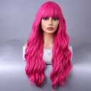 Hot Pink Wigs for Women Long Curly Wavy Neon Pink Wig with Bangs Rose Red Wig Heat Resistant Synthetic Wigs for Cosplay Costume Party