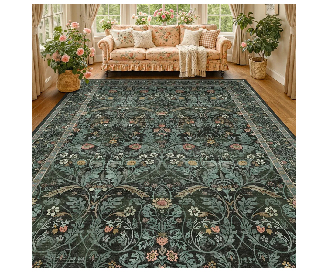 Washable Area Rug 9x12 Living Room, Ultra Soft Dark Floral Large Washable Rugs for Bedrooms, Dining Room, Moody Woodland Low Pile & Non Skid Indoor Floor Carpets (Dark Green)