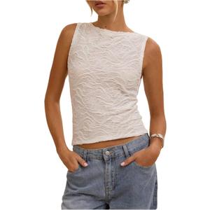 MakeMeChic Women's Summer Mesh Top Textured Sleeveless Going Out Tank Tops (White)