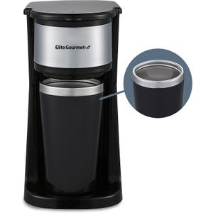 Elite Gourmet EHC-112B Personal Single-Serve Compact Coffee Maker Brewer Includes 14Oz. Thermal Travel Mug with Stainless Steel Interior, Compatible with Coffee Grounds, Reusable Filter, Black