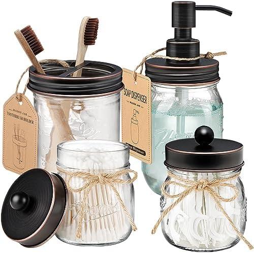 Amolliar Mason Jar Bathroom Accessories Set 4 Pack - Foaming Soap Dispenser&2 Qtip Holders&Toothbrush Holder-Rustic Farmhouse Decor Bathroom Organizer Apothecary Jar Country Countertop (Bronze)