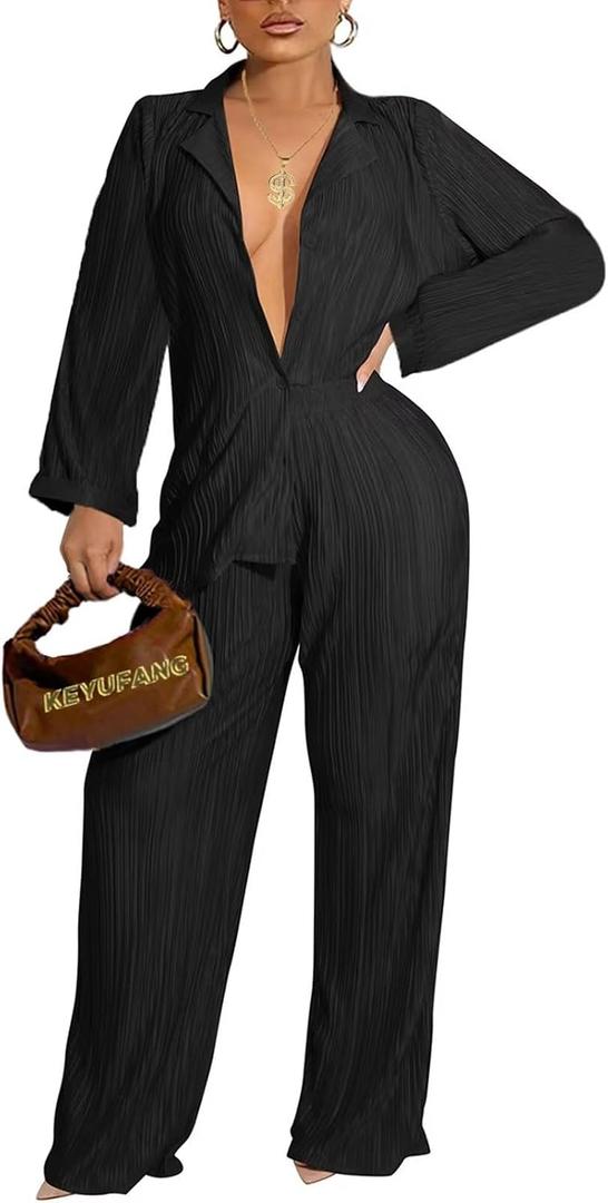 Ekaliy Women's 2 Piece Casual Pleated Outfits Short Sleeve Button Down Shirt High Waist Wide Leg Trouser Sets Suit, L