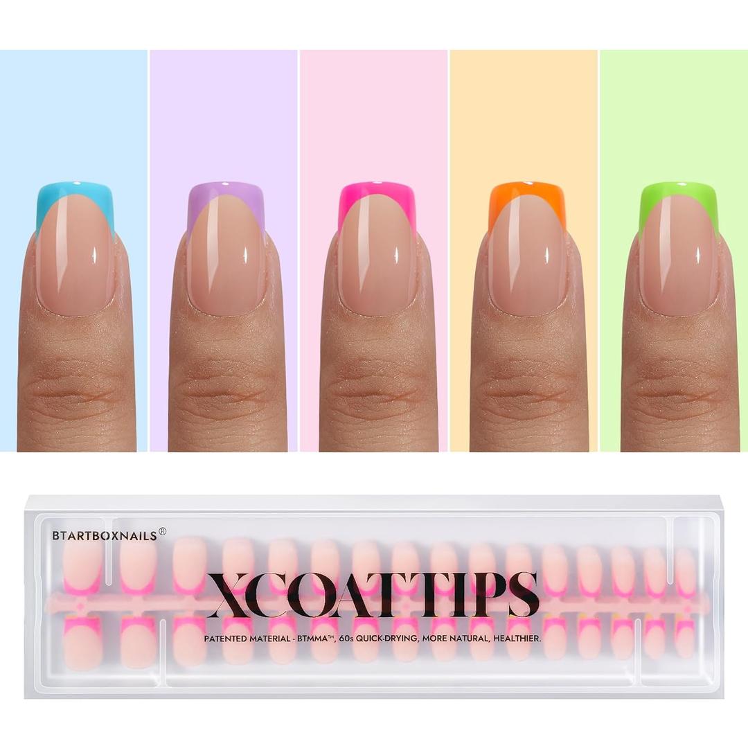 BTArtboxnails Short Square French Tip Press on Nails - 5 Bright Spring Colors, Strong UV Gel Bond for Long Wear, Salon Fake Nails for Easter & Parties, 160Pcs