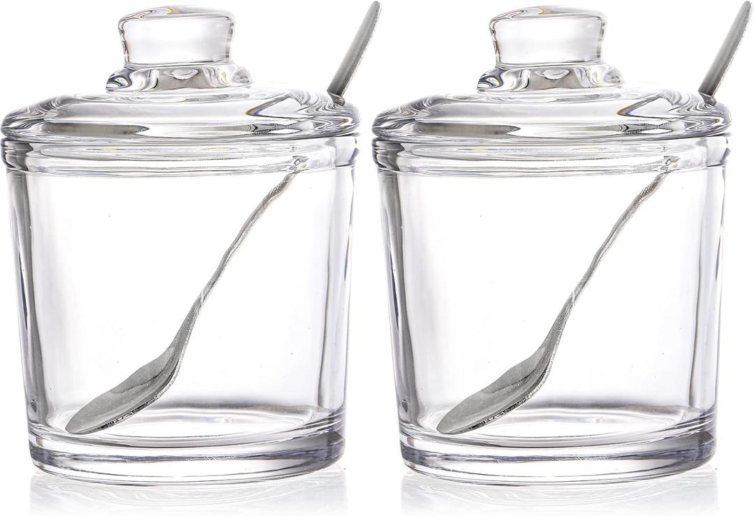 Frcctre Set of 2 Glass Sugar Bowl, 6 Ounces Clear Sugar Jar with Spoon and Lid, Salt Spice Pepper Bowl Seasoning Jar Condiment Pots Dispenser Container for Home Kitchen Coffee Bar