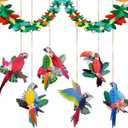 Parrot Christmas Ornament Wooden Bird Hanging Decoration Pendant with Hemp Rope,19.7Ft Tropical Garlands & 9 Hanging Wooden Parrot Birds for Christmas Tree Decoration Home Party Wall Decor (7PCS)