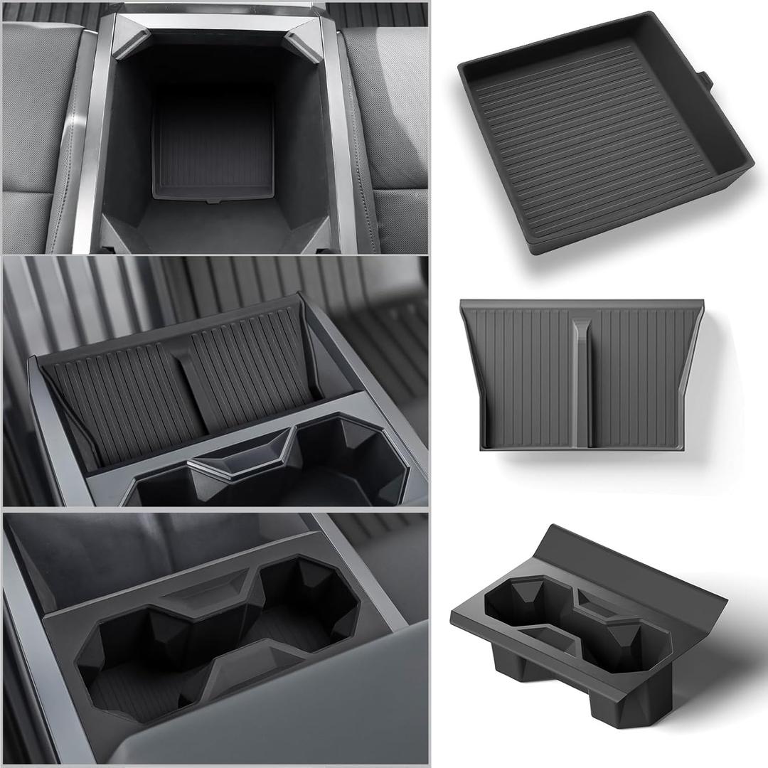 3Pcs Center Console Cup Holder Wireless Charger Mat Armrest Bottom Pad for Tesla Cybertruck 2024 Silicone Drink Organizer and Charging Pad for Cybertruck Accessories(Black)