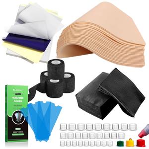 Professional Tattoo Practice Kit for Beginners, 614Pcs Realistic Training Set with 10 Fake Skin, 50 Transfer Paper, 200 Machine Covers,4 Grip Tape,50 Dental Bibs & 300 Ink Caps Tattoo Supplies