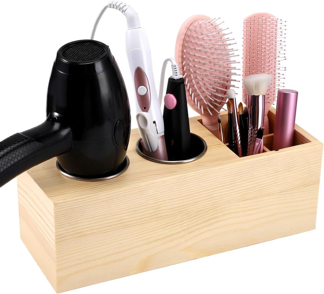Hair Dryer Countertop Holder, Hair Tool Organizer Wall Mount, Blow Dryer Holder Organizer, Bathroom Countertop Blow Dryer Holder and Curling Iron Holder (Cedar Wood, Log Colour)