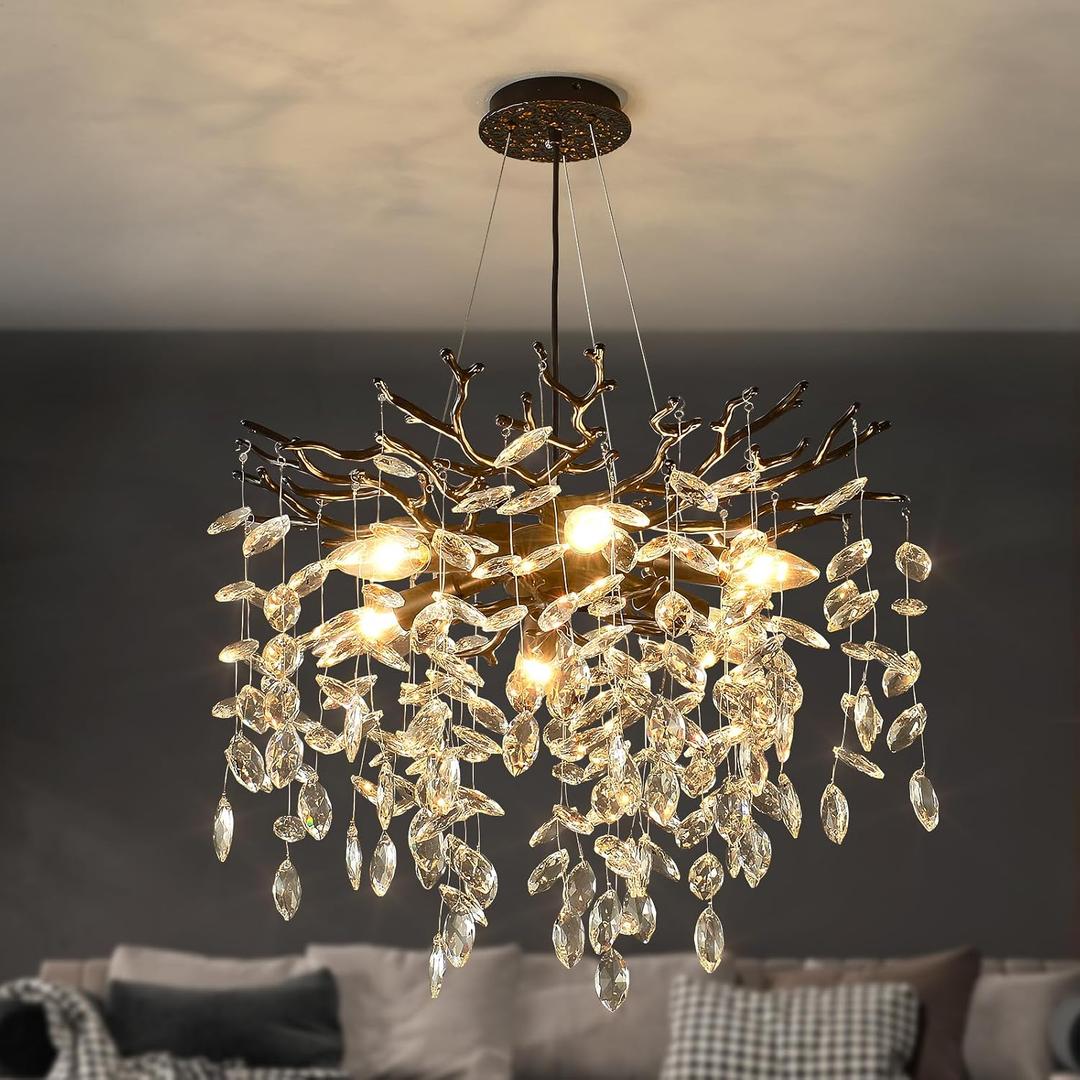 EGM Black Tree Branch Crystal Chandelier, 18 Inch Modern Dining Room Crystal Chandelier 6-Light(E12), Hanging Round Chandeliers for Living Room Bedroom Foyer