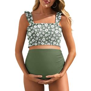 Summer Mae Maternity High Waist Bikini Swimsuit Two Piece Ruffled Hem Cute Bathing Suit Floral Pregnancy Swimwear (XX-Large, Garden Veil Bliss)