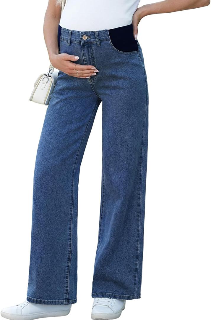 BLENCOT Maternity Jeans for Women High Waist Straight Leg Pregnancy Denim Pants with Pockets (Blue, M)