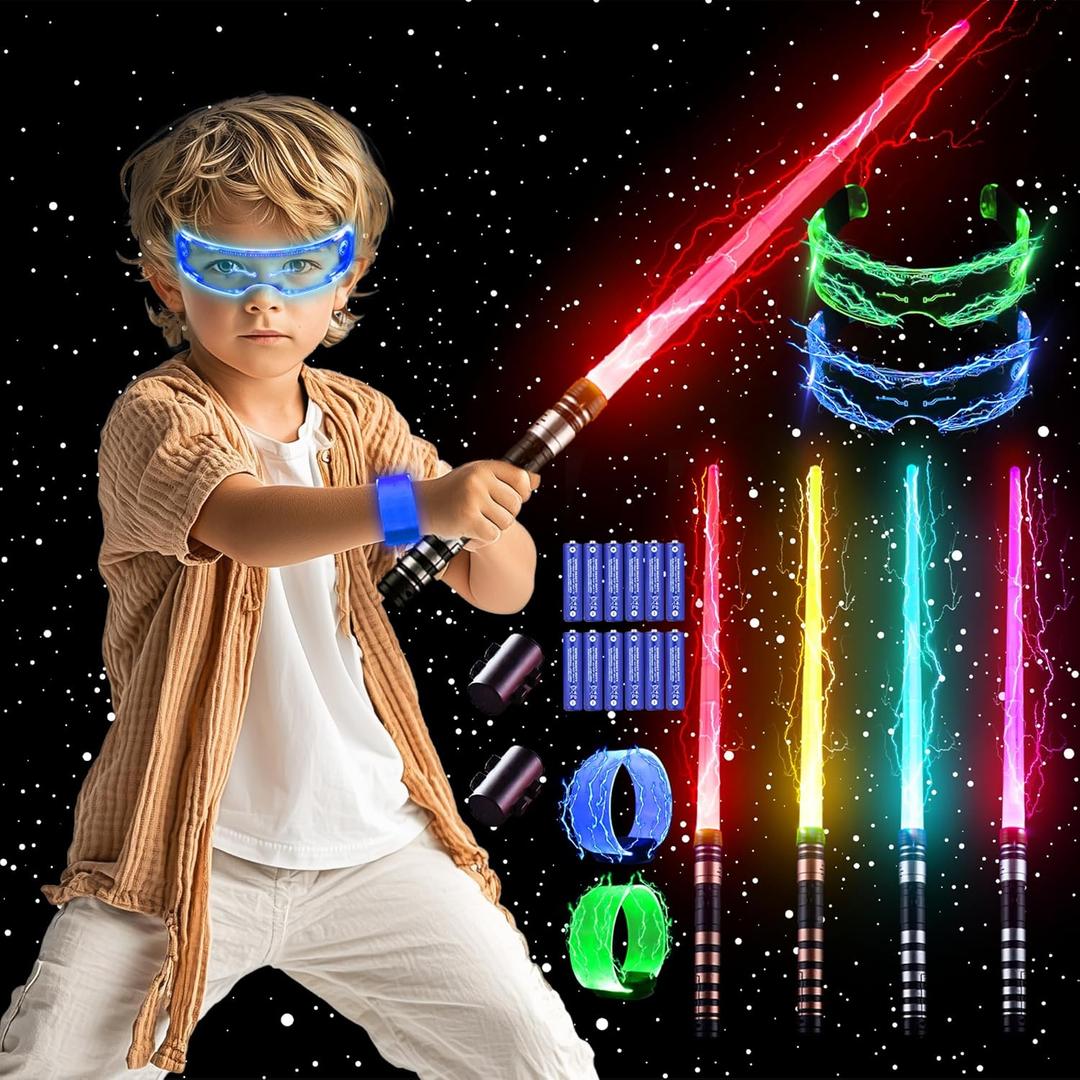SANCO Light Up Sabers Set for Kids - 4 Pack 7 Colors Retractable Power Swords with FX Sound(Motion Sensitive), 2PCS LED Glasses & Wristbands, Glowing Toys for Christmas, Birthday Gift for Boys & Girls