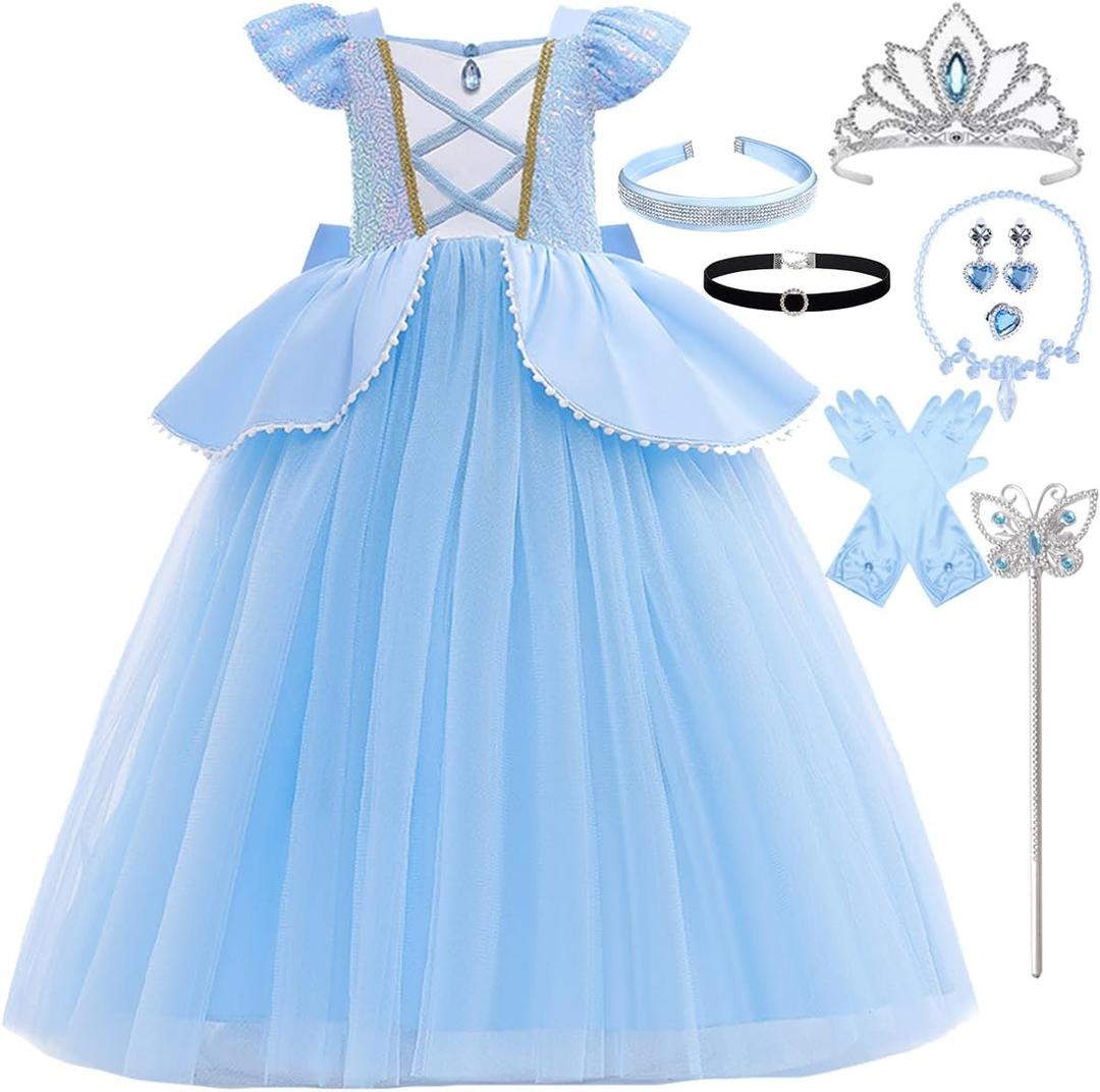 Princess Cinderella Costume for Girls Kids Cosplay Dress Carnival Halloween Party Outfit (7-8 Years, Blue)