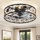 LEDIARY 23 Inch Caged Ceiling Fans with Lights, Black Flush Mount Ceiling Fan with Remote, Large Low Profile Bladeless Ceiling Fan Light Fixture for Bedroom, Kitchen, Dining Room