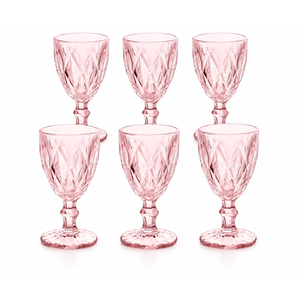 Yinder Glass Goblet Vintage Wine Goblet Embossed Glassware 10 oz Solid Color Glass Stemmed Cups for Iced Tea Beverage Soda Juice Water Liquor and Party Wedding Bars Restaurants(Pink,6 Pack)