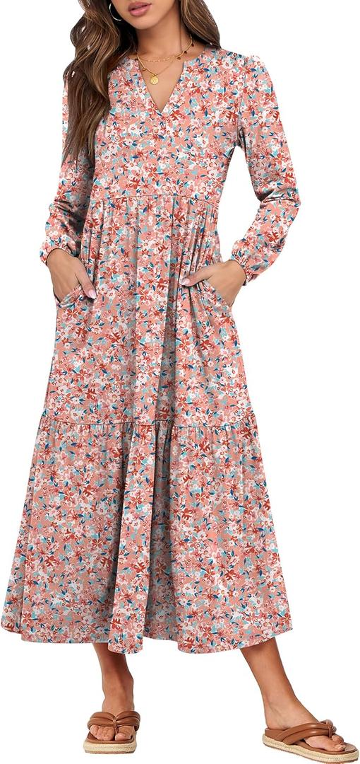 ANRABESS Women's Long Sleeve Maxi Dresses 2025 Fall Casual V Neck Flowy Tiered Boho Modest Trendy Vacation Dress with Pockets (Medium, Floral Pink)