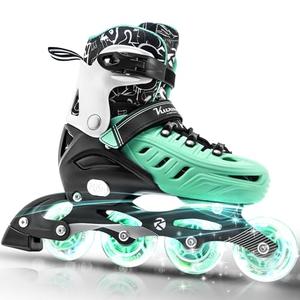 Inline Skates for Kids and Adult, Adjustable Fun Illuminating Skates for Girls, Boys, Women and Men Outdoor and Indoor, Beginners, Teal, Size 7-8