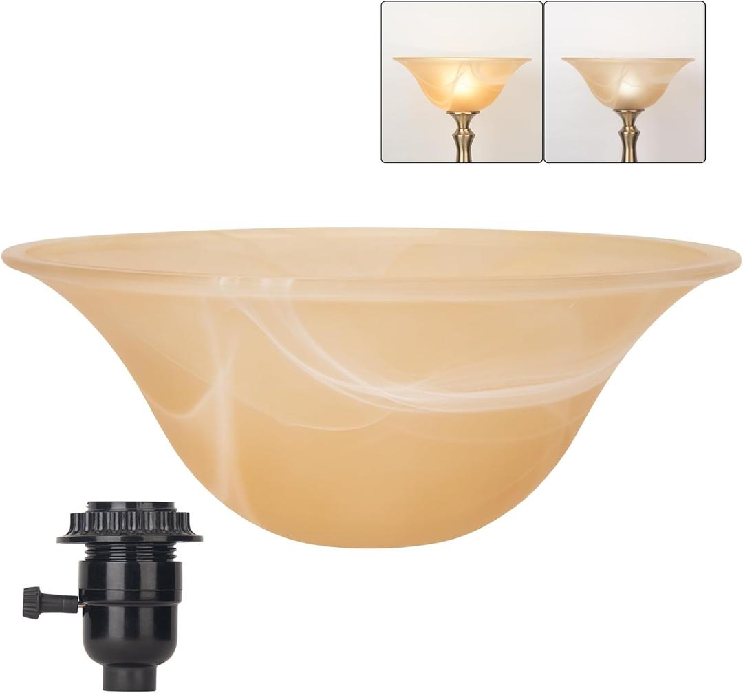 Glass Lamp Shade Replacement for Torchiere Floor LampsLamp Shade for Floor Lamp with Base E26 Socket, Standing Lamp Replacement Shade, Alabaster Glass Bowl Shade,E26 Socket Not Included (Amber)