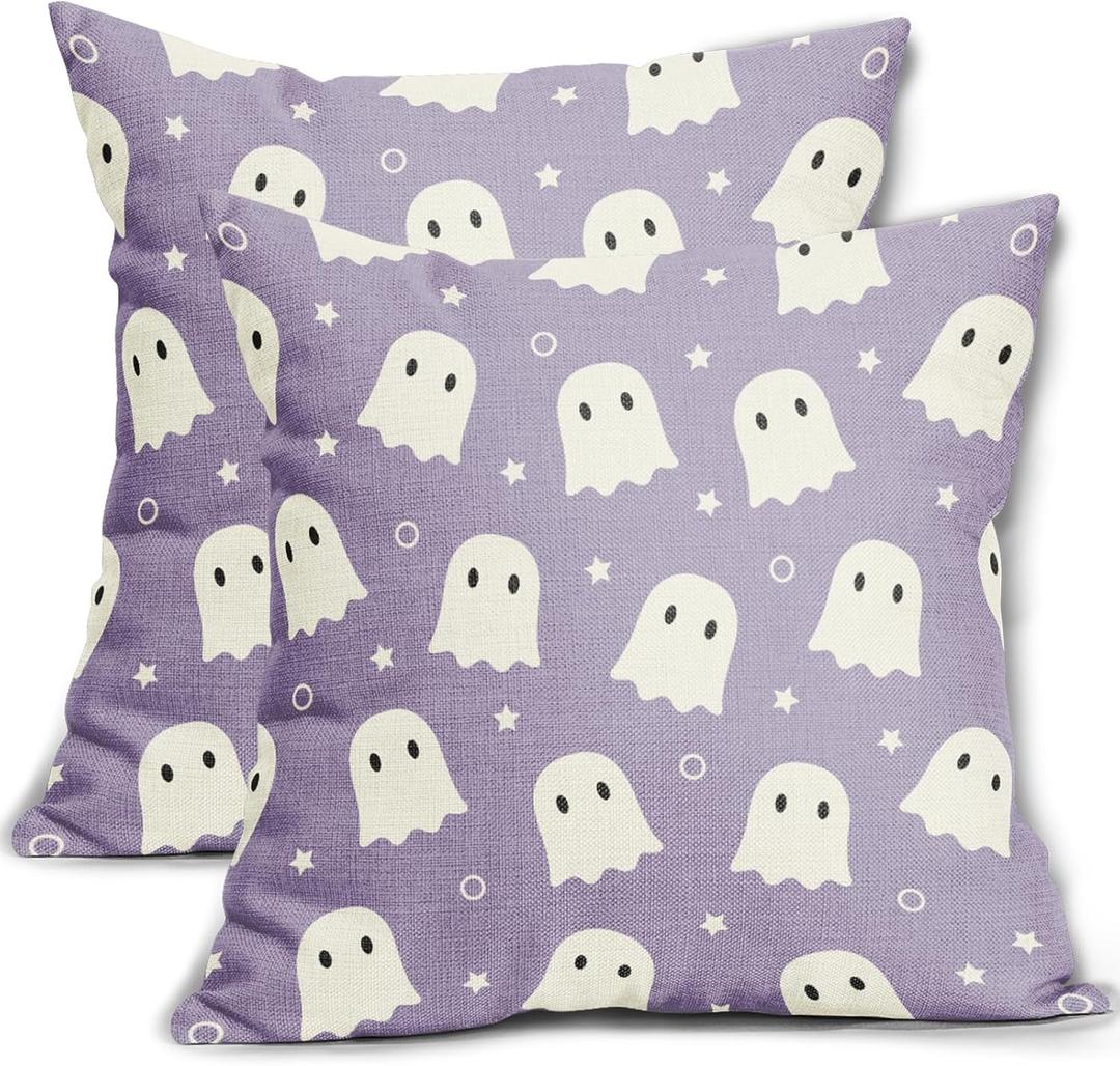 Farmhouse Cotton Linen Pillowcases - Cute Ghost 18x18 Inch Purple And White Spooky Throw Pillow Covers Set of 2 For Halloween Home And Outdoor Decor
