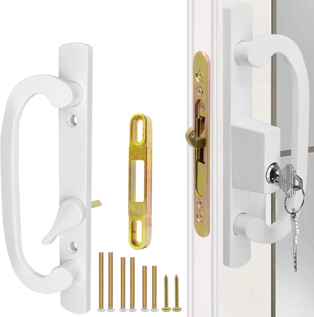 Patio Sliding Glass Door Handle Set with Mortise Lock 45 Keyway, Keyed Offset Position Zinc Diecast I/E Pull Handles, Fits 3-15/16" H.C., 1-3/8" to 2-1/4" Thick Doors, Non-Handed, White