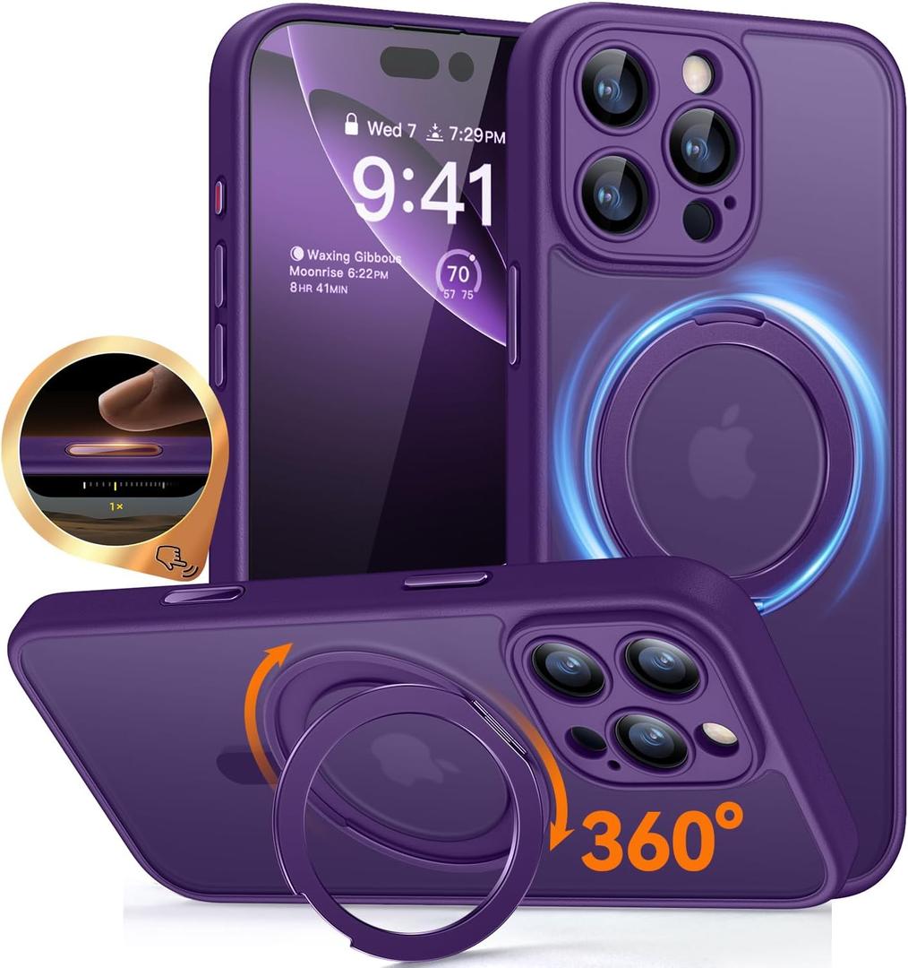 CANSHN 360 Spin Magnetic Stand for iPhone 16 Pro Max Case with Camera Control [Full Camera Protection] [Compatible with Magsafe] Translucent Matte Shockproof Protective Phone Cover 6.9" -Deep Purple