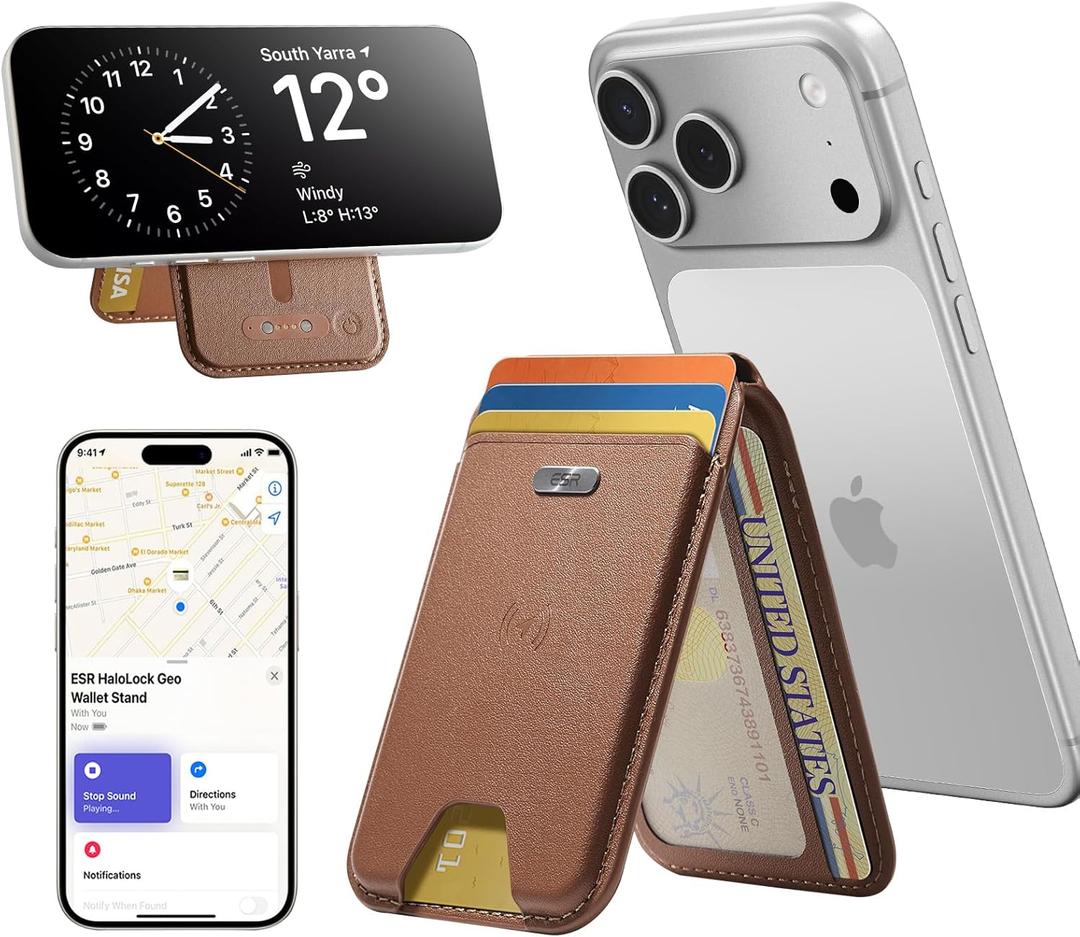 ESR Geo for MagSafe Wallet with Full Find My Functionality, 5 Card Holder, RFID Blocking, Adjustable Stand, Magnetic Wallet for iPhone 17e/17/16/15/14/13/12 Series, Not for 13/12 mini, Brown