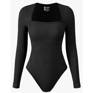 OQQ Women's Bodysuits Sexy Ribbed Square Neck Long Sleeve Tummy Control Casual Fall Bodysuits Medium
