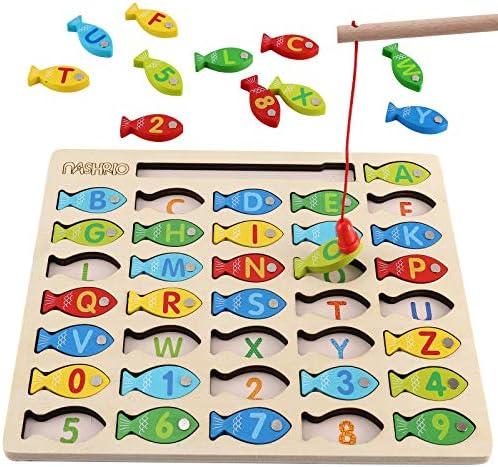Magnetic Wooden Fishing Game Toy for Toddlers, Alphabet Fish Catching Counting Games Puzzle with Numbers and Letters, Preschool Learning ABC Math Educational Toys 3 4 5 Years Old Girl Boy Kids