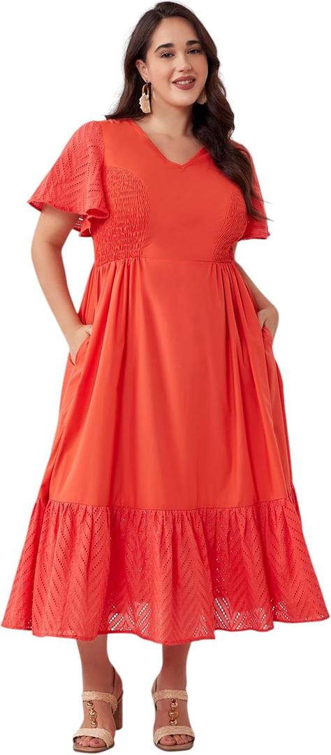Plus Size Vacation Dresses for Women 2025 Summer Beach Dress Elegant Hollow Out Boho Dress with Pockets (Orange, XL)