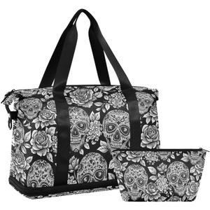 Skull Weekender for Women, Gym Sports Duffle With Flowers, Travel Tote With Toiletry Bag, Shoes Compartment, Dry/Wet Separation Swim Bag