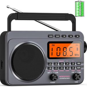 Portable Radio with Best Reception, 4000mAh Rechargeable Digital Radio AM FM Portable with SD Card/USB Playback, Digital Tunner, Big Speaker, LCD Screen(Grey)