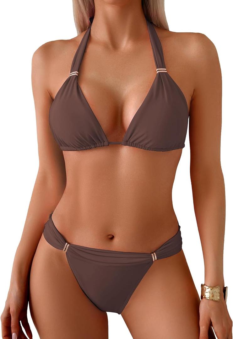 TASHEHE Women's Triangle Ruched Bikini Set Sexy Two Piece Swimsuit Halter Sliding Rings Bathing Suit (Small, Coffee Brown)