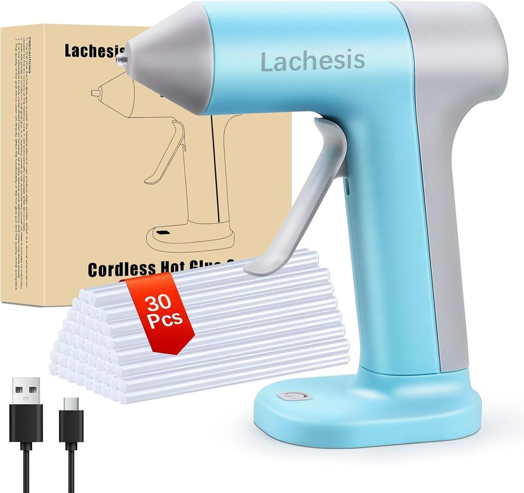 Lachesis Cordless Hot Glue Gun with 30 Pcs Glue Sticks, 2000mAh Rechargeable Battery Fast Preheating Smart Power-off Wireless Hot Melt Glue Gun Kit for DIY, Arts & Craft, Decor, Home Repairs(Blue)