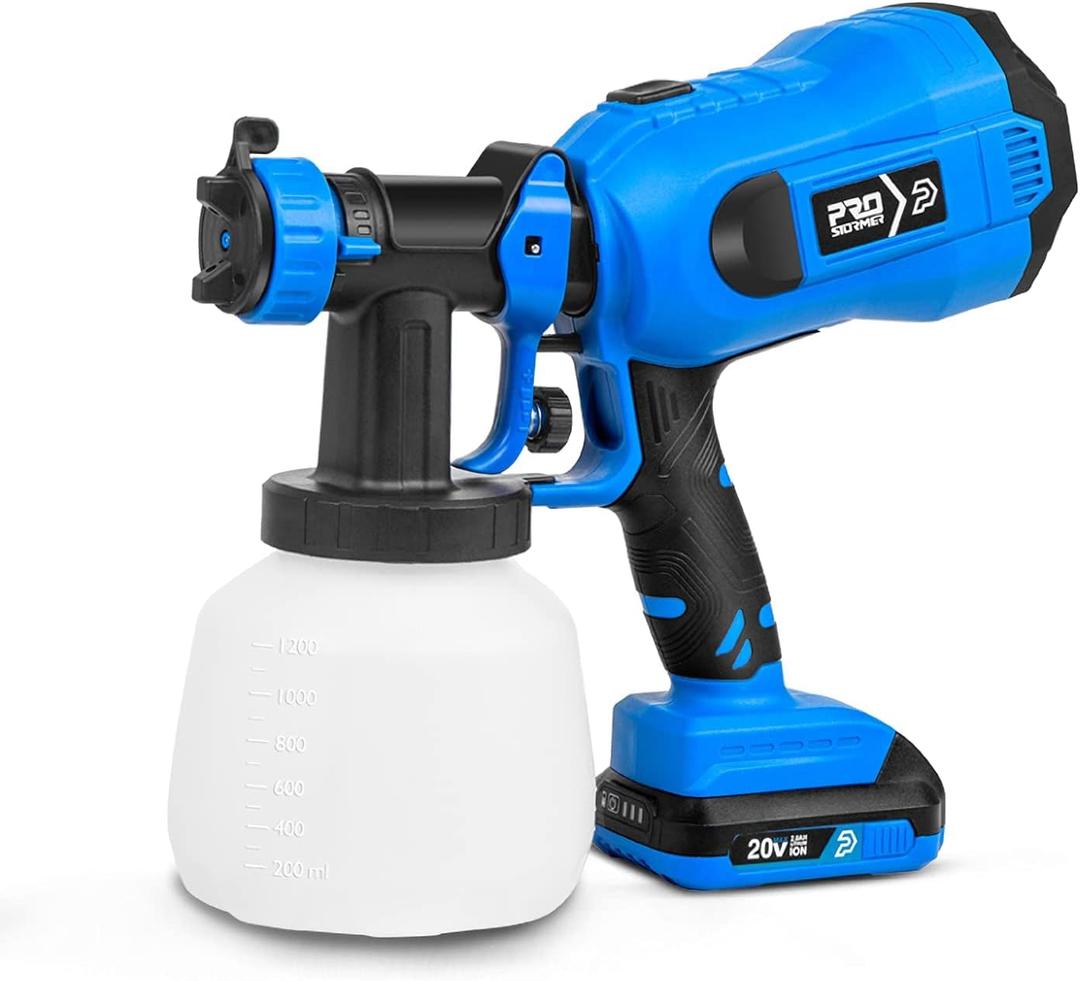 Prostormer 20V Paint Sprayer: High-Power Cordless HVLP Paint Sprayer with 4 Copper Nozzles and 1200ml Containers; Spray Gun for Furniture, Cabinets, Fences, Walls, Doors, Garden Chairs, and DIY Projects