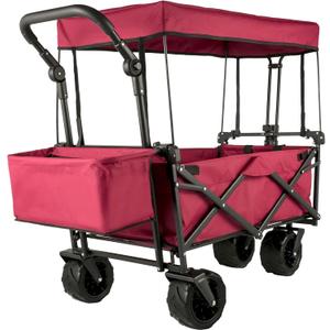 VEVOR Collapsible Wagon With Removable Canopy, 220lbs Heavy Duty Foldable Beach Wagon, Big Wheels, Adjustable Push Pulling Handles (Red)