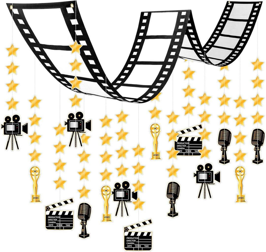 Ctosree Movie Party Decorations Bulk 12 ft Filmstrip Banner Ceiling Decor Night Decorations Kit with 24 Pcs Showing Banner for Bridal Shower Birthday Party Supplies(Movie)