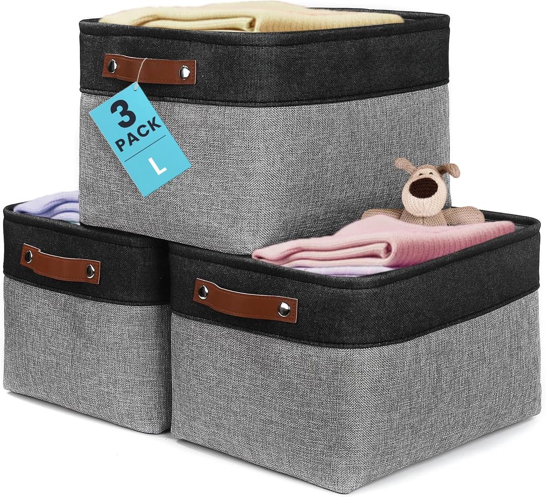 OrganiHaus Large Fabric Storage Baskets for Shelves 3 Pack, 15x11in Closet Storage Bins, Canvas Storage Bin for Organizing, Cloth Baskets, Linen Closet Organizers, Gray/Black
