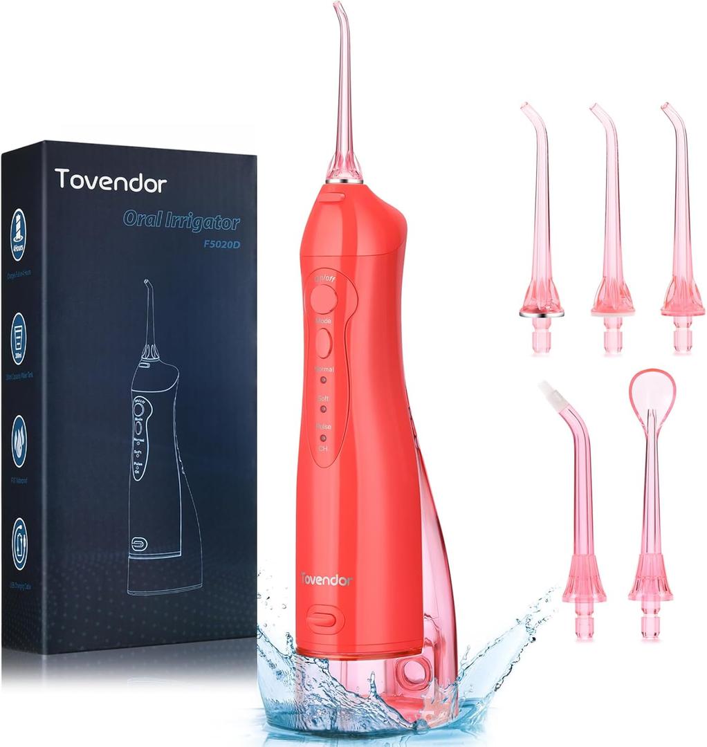 TOVENDOR Electric Water Flosser, Cordless Rechargeable Dental Oral Irrigator IPX7 Waterproof 300ML Travel Water Teeth Cleaner with 5 Tips for Braces Care Teeth Gums Cleaning, Home Office Daily Use (Red)