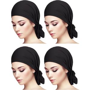 4 Pieces Slip-On Pre-Tied Head Scarves Women Headwear Turban Beanie Caps Head Wrap Headscarf for Women (Black)