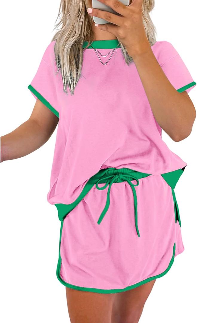 SELINK Lounge Sets for Women 2 Piece Skirt Colorblock Drop Shoulder T Shirt and Skort Set Summer Tracksuits (Small, Pink)