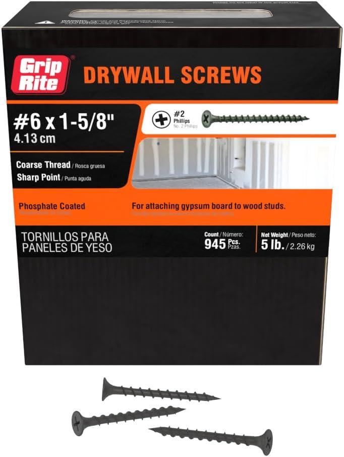 Grip-Rite 158CDWS5 #6 X 1-5/8" Phillips Bugle Head Coarse Thread Sharp Point Drywall Screw, 5lb Box