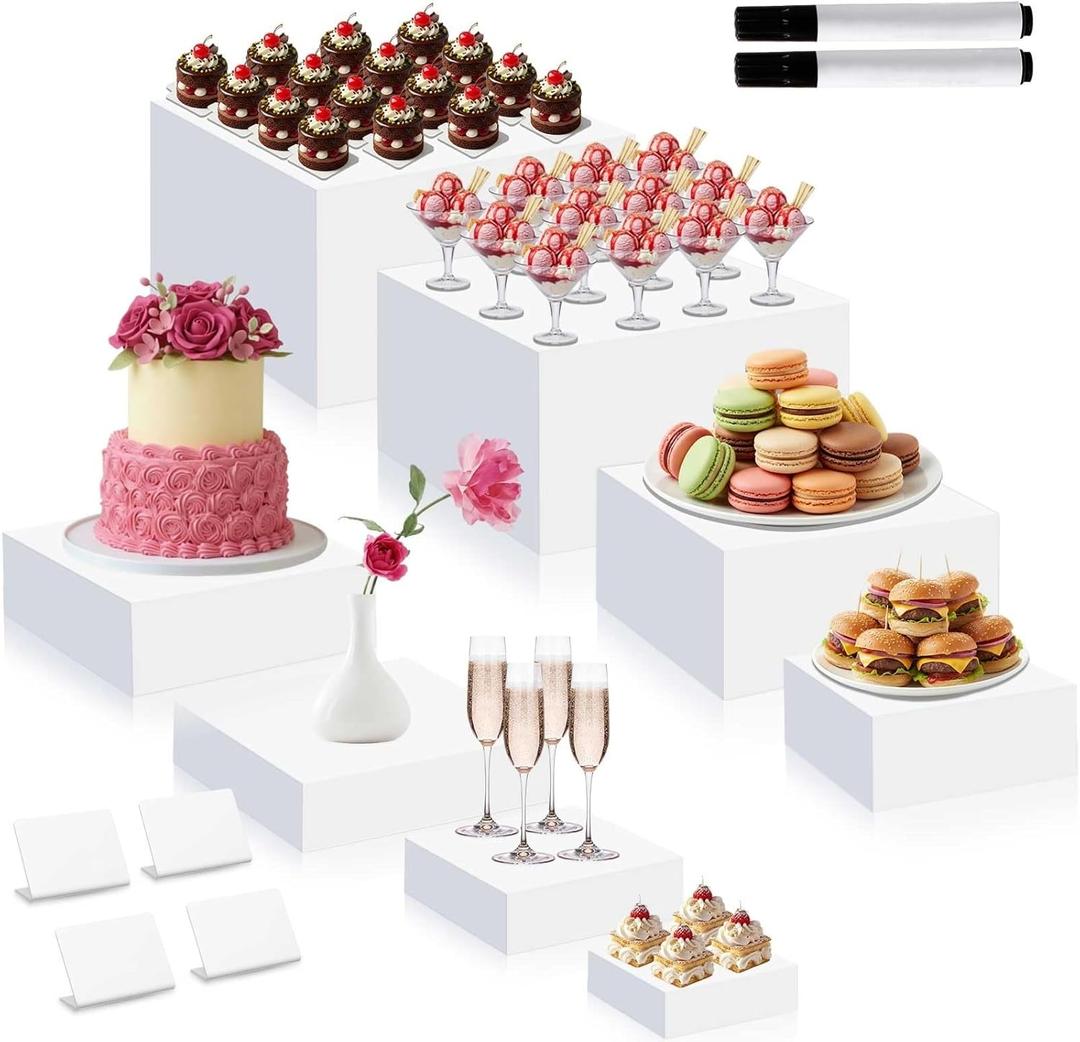 Blosssound 8 Pieces White Acrylic Risers with 8 Signage 2 Markers, 3-10 Inch Cube Nesting Risers Display Stands with Hollow Bottoms for Buffet Table Catering Dessert Food Collectibles Show