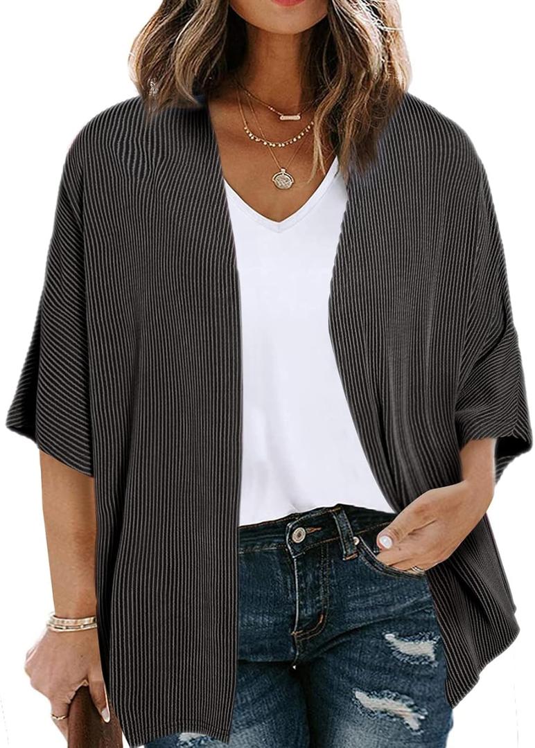 Eytino Women Plus Size Lightweight Cardigan Half Sleeve Ribbed Knit Kimono Cardigans Tops(1X-5X) (4X, Black)