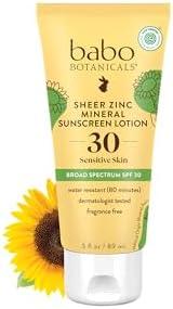 Babo Botanicals Sheer Zinc Mineral Sunscreen Lotion SPF30 - Natural Zinc Oxide - Shea Butter - Face & Body - Water Resistant - Fragrance-Free - EWG Verified - Vegan - For all ages - 1 Piece