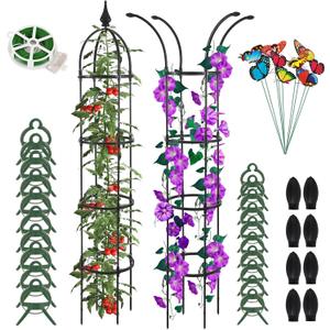 Obelisk Trellis for Climbing Plants Outdoor Garden Tower Trellis 6ft, Rustproof Coated Metal Plant Support with Garden Twist Tie 20pcs Clip for Tomato Cucumber Ivy Vines Potted Trellis 2 Pack