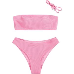 ZAFUL Women Strapless High Cut Bandeau Bikini Lace Up 2 Pieces Swimwear (Large, 0-pink)