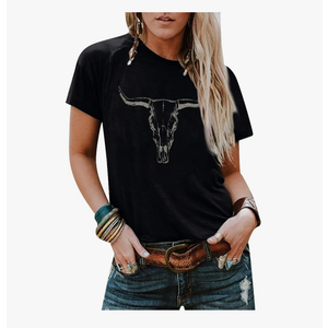 Boho Cow Skull Shirt Women Cowgirl t Shirt Vintage Western Rodeo Graphic Tee Short Sleeve Bull Skull Casual Top 2XL