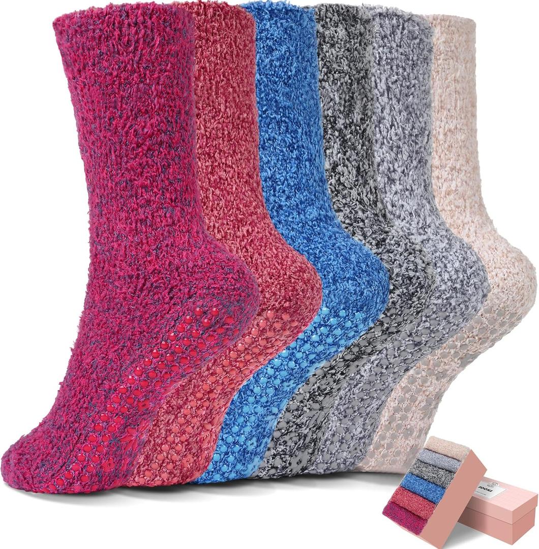 HUGSWEET 6 Pairs Thick Fuzzy Socks with Grip Cozy Non Slip Hospital Socks Home Fluffy Warm Slipper Socks Gifts for Women (Multicolor-d1)
