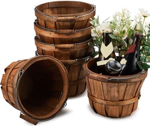 6 Pcs Round Wooden Apple Baskets Small Bushel with Handles for Gifts Empty Harvest Basket fruit Buckets for Garden Picking Strawberry Fruits Flowers Crafts Easter Home Wedding Party Decor
