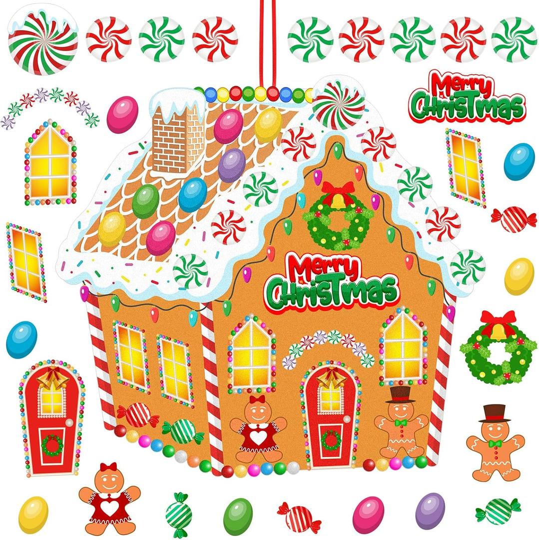 WovWeave DIY Felt Christmas Gingerbread House 3.1 x 2.9 ft with 28 Detachable Ornaments Christmas Crafts Gingerbread House Kit Xmas Gifts for Winter Holiday Party Home Door Wall Hanging Decorations